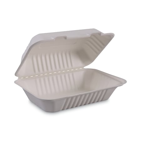 Boardwalk Bagasse Molded Fiber Food Container, Hinged-Lid, 1-Comp 9x6, Wt, PK250 BWKHINGEWFHG1C9
